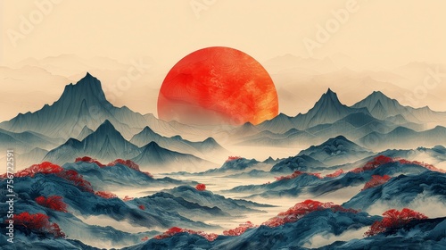 An oriental style mountain landscape layout with an abstract art template featuring a line wave pattern.