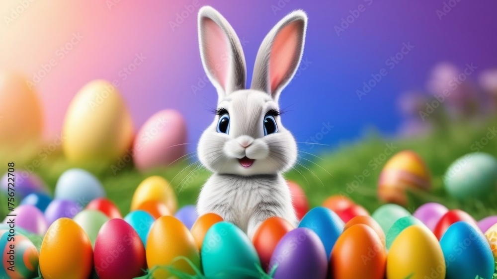 Easter bunny surrounded by colorful Easter eggs