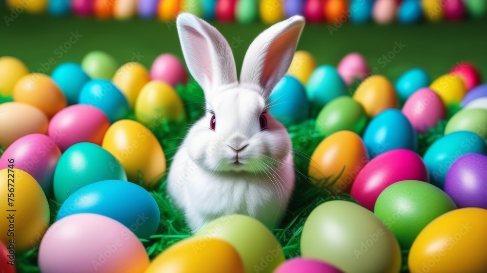 Easter bunny surrounded by colorful Easter eggs Easter bunny surrounded by colorful Easter eggs