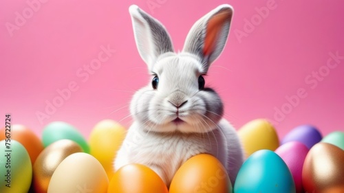 Easter bunny surrounded by colorful Easter eggs