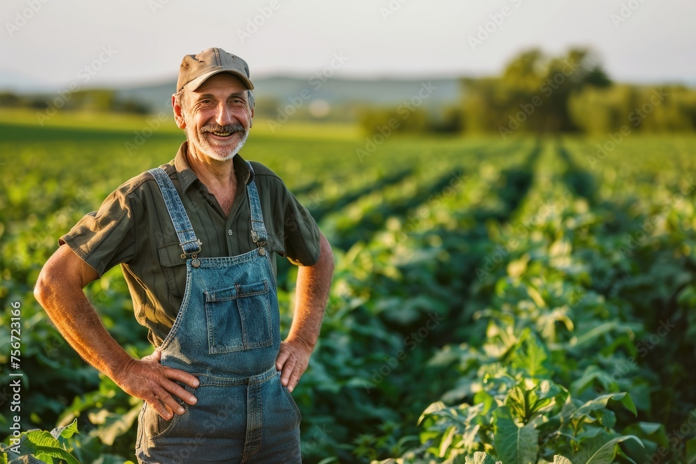 Smiling Farmer Standing Proudly in Green Field