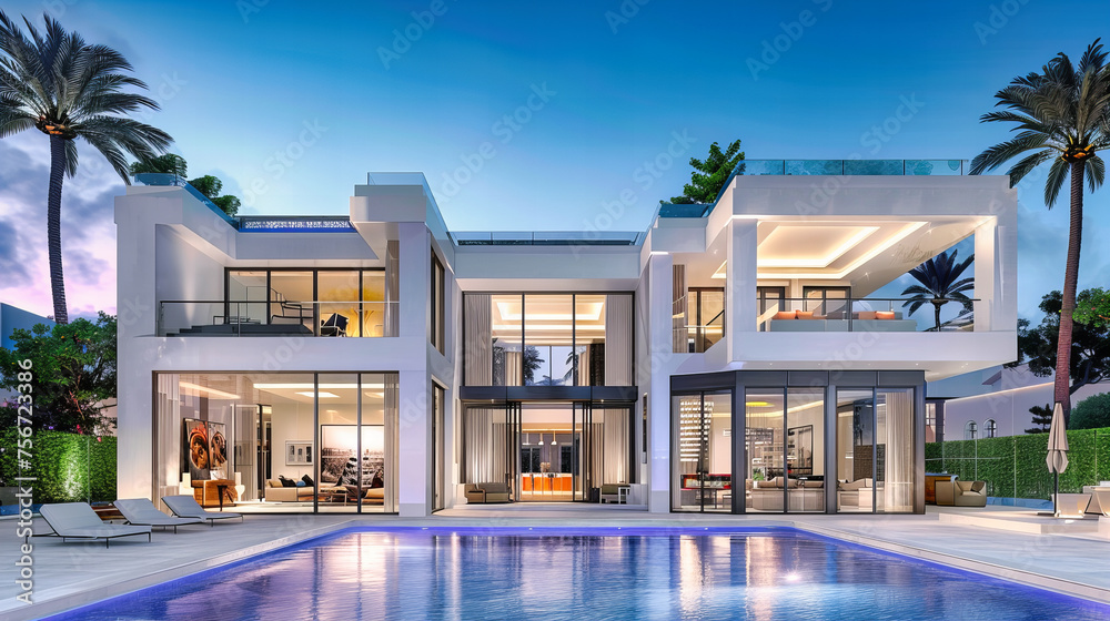 Luxurious Modern Villa at Night with Illuminated Pool, Elegant Architecture, and Stylish Outdoor Living Space