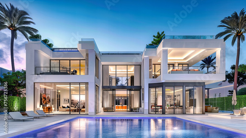 Luxurious Modern Villa at Night with Illuminated Pool, Elegant Architecture, and Stylish Outdoor Living Space © Taslima