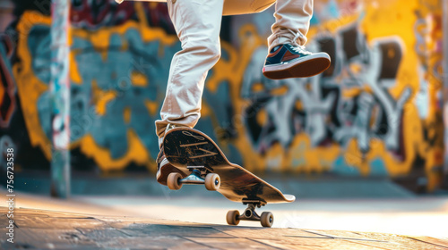 Urban Skateboarding Action with Graffiti Background photo