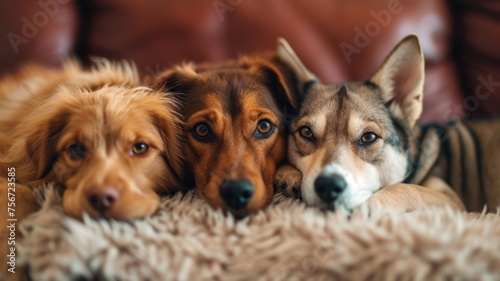 Three adorable dogs rest closely together, displaying their unique coat colors and patterns, a testament to the friendship between pets.