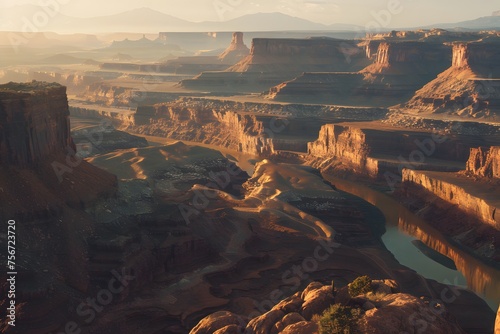 a dramatic canyon landscape, with intricate rock formations and a winding river carving through the rugged terrain, offering a glimpse into the raw beauty of nature in 16k ultra HD.