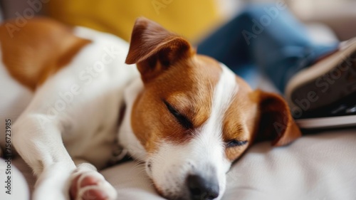 serene Jack Russell Terrier dozes off on a soft surface, encapsulating the quiet comfort of a pet's tranquil afternoon slumber