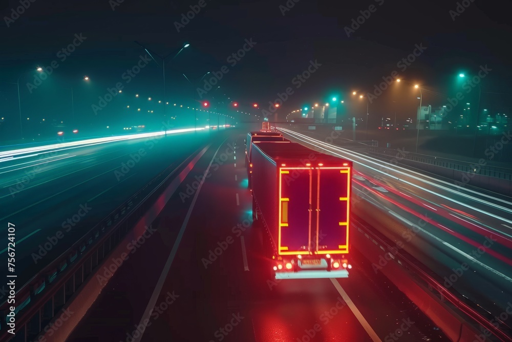 A semi truck is seen driving down a highway at night, creating light trails due to motion blur. The scene depicts transportation and logistics in action. - obrazy, fototapety, plakaty 