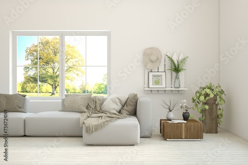 White living room with sofa and summer landscape in window. Scandinavian interior design. 3D illustration
