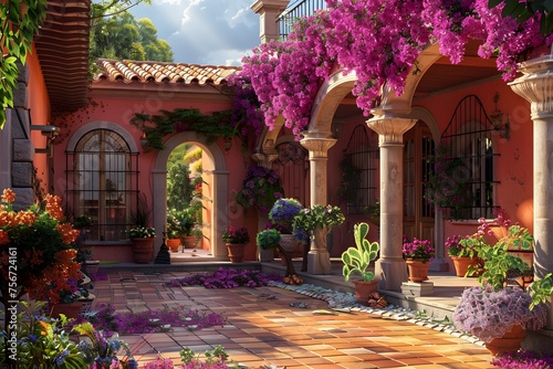 a Mediterranean-inspired villa, surrounded by colorful flora, terracotta tiles, and an inviting outdoor space, all rendered in ultra-realistic 16k detail.