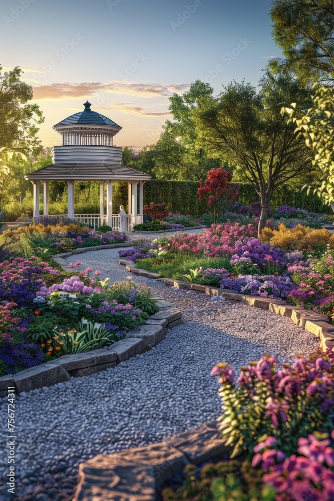 Obraz premium Spectacular Garden Pavilion Surrounded by Colorful Flower Beds in Full Bloom