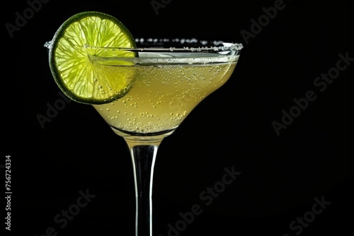 Elegant daiquiri cocktail with lime garnish and a salted rim on a stark black background