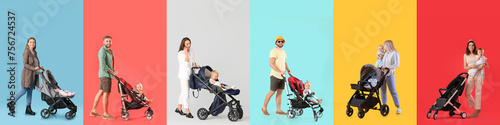 Group of parents and their babies in strollers on color background