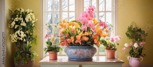 Interior design featuring a spring-themed arrangement of potted flowers.