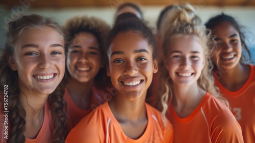 A group portrait of a diverse girls volleyball team, smiling confidently in their orange jerseys, embodying teamwork and camaraderie