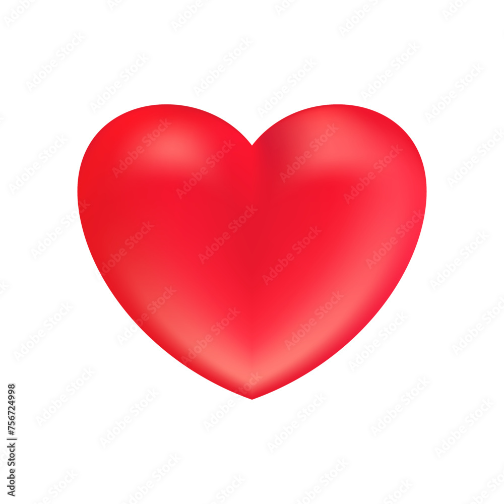 Red realistic heart icon on white background. 3d vector illustration.