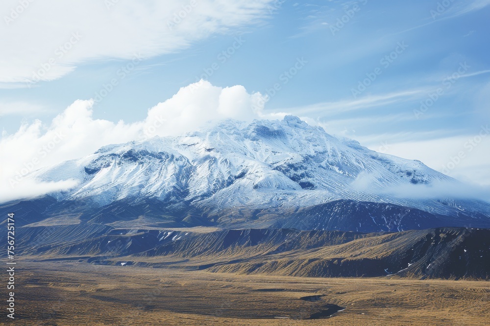 A large snow-covered mountain stands prominently in the distance, towering over the landscape in a stunning display of natures grandeur A large snow-covered mountain stands prominently in the distance, towering over the landscape in a stunning display of natures grandeur