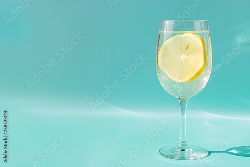 Lemon water in wine glass on blue background. Summer drink concept. Vacation and travel. Design for banner  invitation with copy space