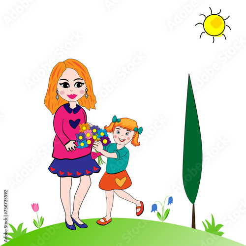 Niña regalando un ramo de flores a su madre embarazada.
