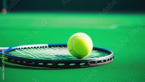 Tennis ball and racket on a hard court on a sunny day, training and playing sports
