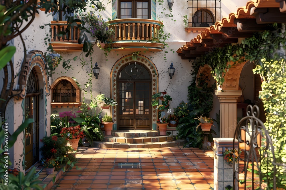 a Spanish-style villa, bathed in warm sunlight, featuring vibrant tiles, wrought iron details, and a lush courtyard garden in ultra-realistic 16k resolution.
