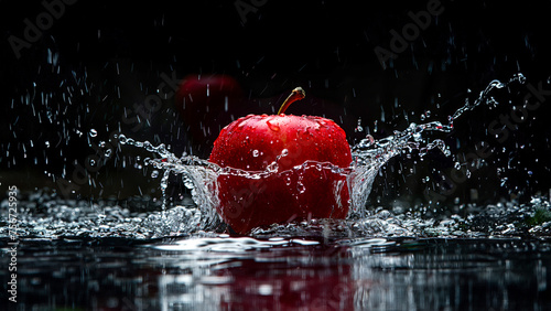 Close up of a fresh red apple and splash of water on dark background, © Stewart Bruce