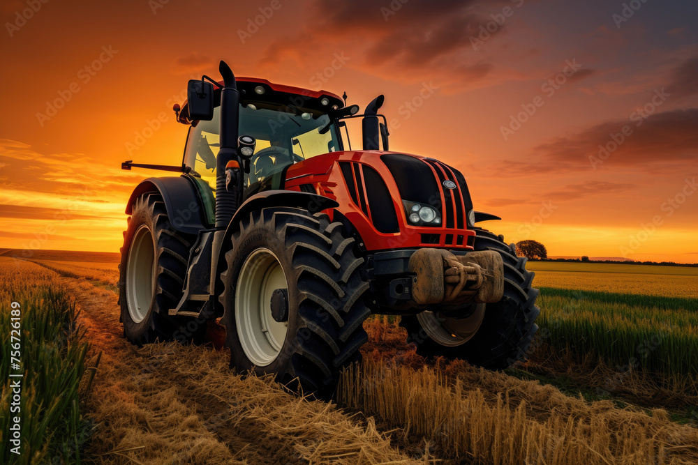 Tractor poised on the edge of a field, illuminated by the warm glow of the setting sun Tractor poised on the edge of a field, illuminated by the warm glow of the setting sun