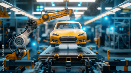 A highly detailed robotic arm in an automotive factory precisionly working on a luxury car on the assembly line
