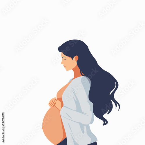 Banner about pregnancy and motherhood with place for text. Pregnant woman, future mom of hugging belly with arms