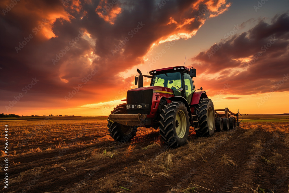 Tractor tilling the soil against a vivid sunset, showcasing the hard work and beauty of agricultural life Tractor tilling the soil against a vivid sunset, showcasing the hard work and beauty of agricultural life