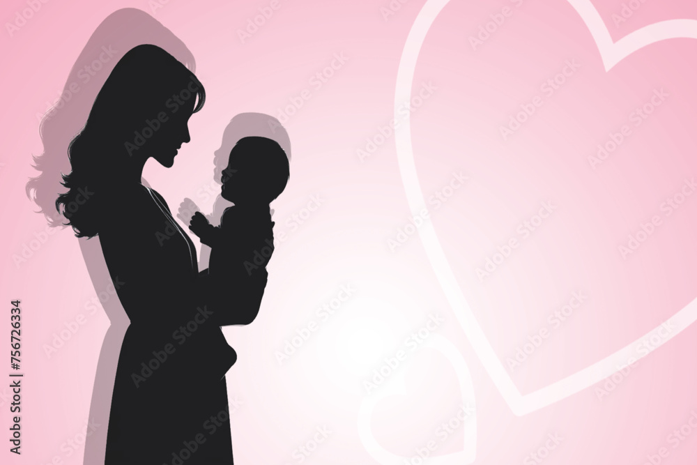 A tender silhouette of a mother holding her baby against a soft pink background with a heart motif, ideal for Mother's Day.