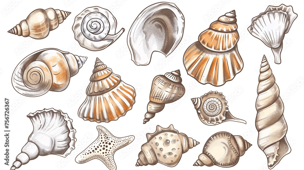 Collection of different hand-drawn shells on a transparent background, Generative AI. Collection of different hand-drawn shells on a transparent background, Generative AI.