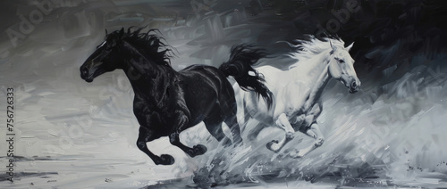 A painting portraying two horses galloping freely against a windy backdrop  showcasing their power and grace.