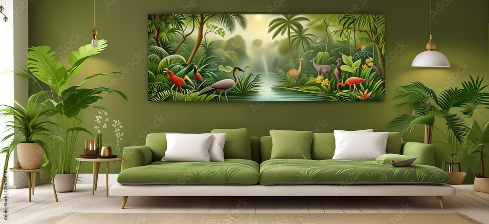 biophilic design home. Luxury living room with modern interior design ...