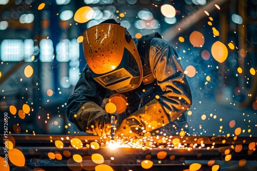 Worker in protective gear welding metal Industrial theme with sparks and bokeh background