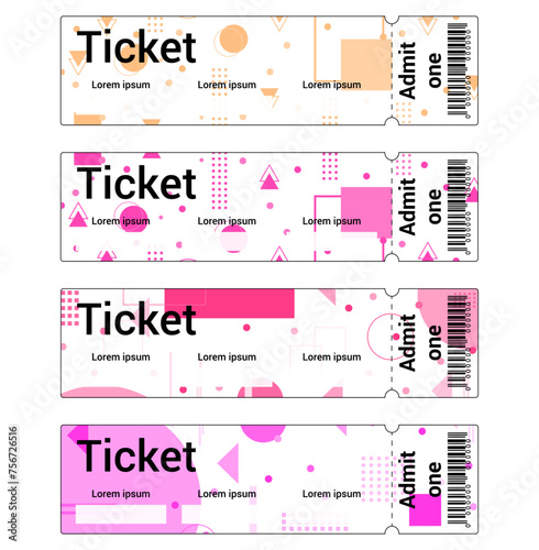 Set of ticket templates of different colors in Memphis style. Tickets for events. Entry tickets. Coupons.
