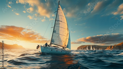Regatta of sailing ships with white sails on the high seas. Aerial view of a sailboat in a windy state, Summer journey, Generative AI