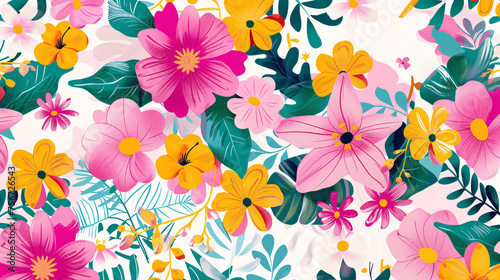 flowers and foliage colorful pattern spring summer background, Generative AI.