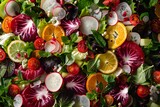 a vibrant salad composition, with each fresh ingredient radiating color and texture in ultra-realistic 16k high resolution.