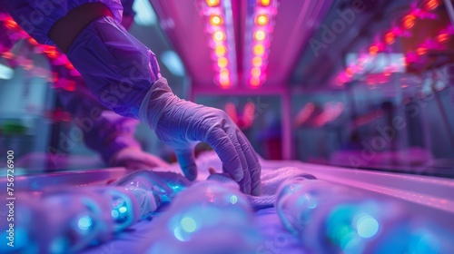 Close-up of neonatal intensive care unit with doctor's hands and baby's feet