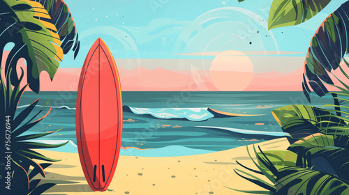 A graphic design featuring a surfboard resting on a tropical beach with an abstract background, Generative AI.