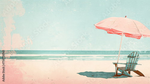 A retro summer holiday scene with a pink umbrella parasol casting shade over a beach chair on sandy shores, Generative AI.