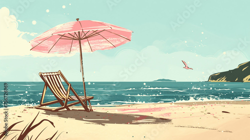 A retro summer holiday scene with a pink umbrella parasol casting shade over a beach chair on sandy shores, Generative AI.