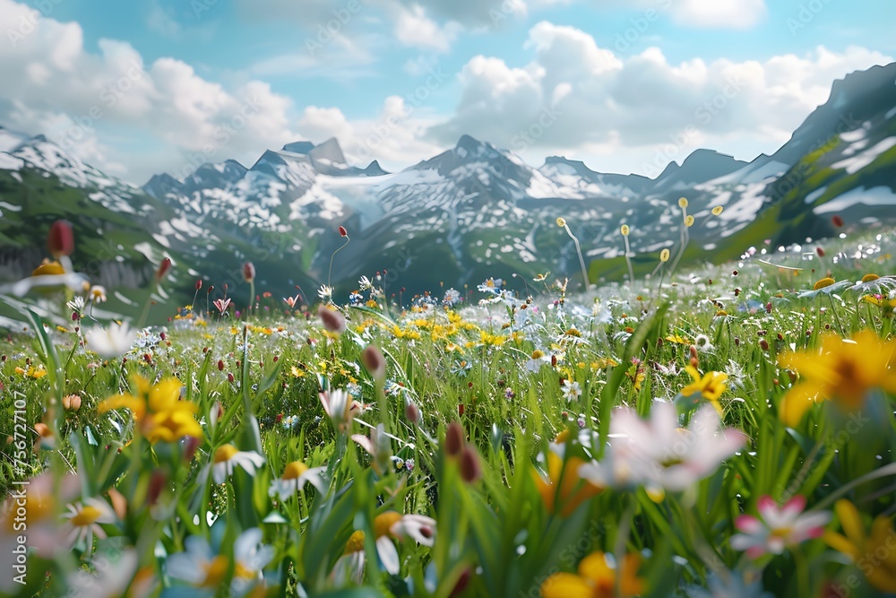 a visual odyssey through a serene alpine meadow, where wildflowers sway in the gentle breeze against a backdrop of snow-capped peaks, captured in exquisite 8K detail.