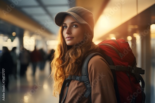 A woman carrying a backpack standing amid the bustling activity of an airport terminal.