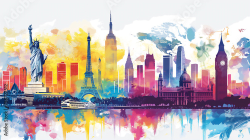 A vibrant watercolor montage of iconic global landmarks, featuring the Statue of Liberty, Eiffel Tower, and Big Ben, representing international travel and culture