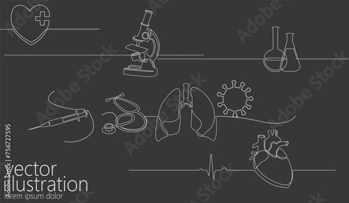  Single continuous line set science medicine microscope. Human heart lungs virus micro technology business design one sketch outline drawing vector illustration art