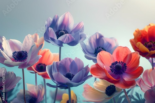 beauty of anemones, their colorful petals dancing in the breeze against a refined and uncomplicated solid color background, all portrayed in ultra-realistic 16k resolution.