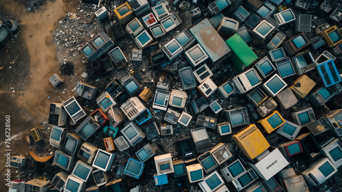 An overhead shot capturing the chaos of a massive electronic waste dumpsite filled with discarded monitors photo