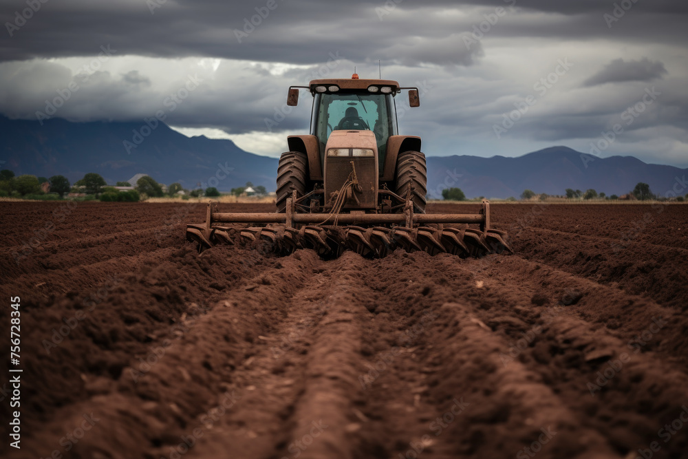 Amidst a vast field, a tractor with a plow attachment methodically turns the soil, preparing it for the next planting season